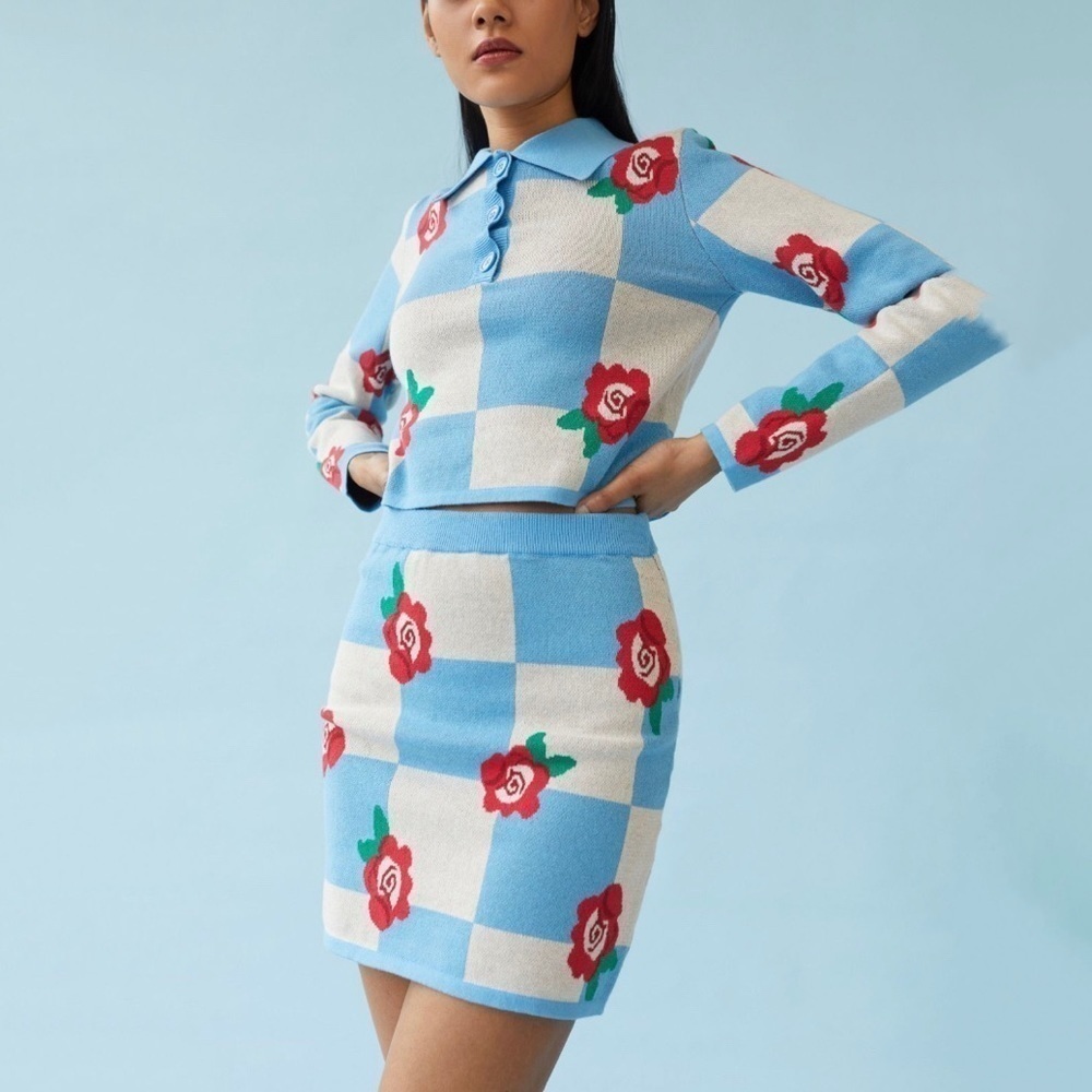 Glamorous Rose Checkerboard Top and Skirt Set Sz Med